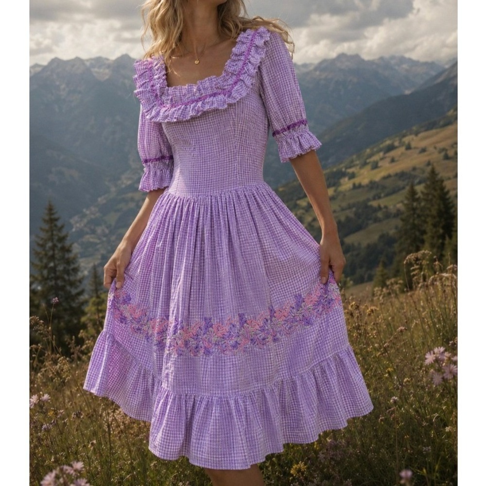Vintage Gingham Embroidered Prairie Dress Ruffle Midi Square Neck Purple Western